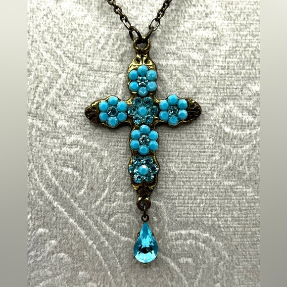Necklace Floral Cross Michal Negrin Blue Austrian  Crystals Antique Gold Tone - Picture 1 of 12